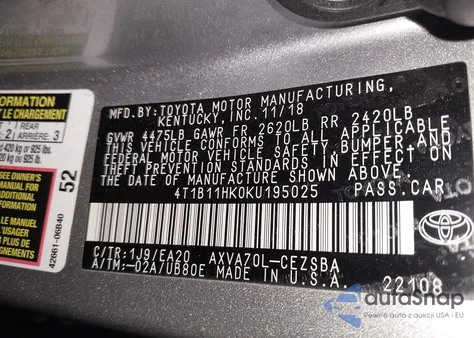 2019 Toyota Camry Se from USA, damaged, VIN 4T1B11HK0KU195025